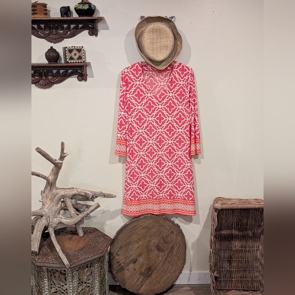 Womens Dress-CHARLIE PAIGE-white/pink/orange patterned stretch knit 3/4 sleeves.